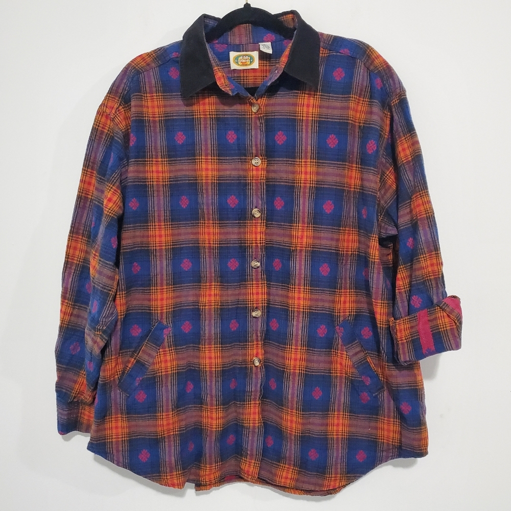 Vintage 100% Cotton Colorful Plaid Button-Up Shacket Shirt Pockets Corduroy Sz L